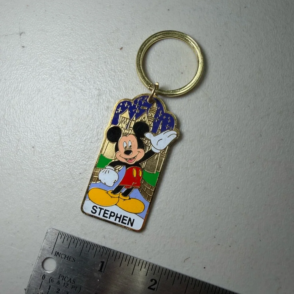 Vintage Disneyland Mickey Mouse Stephen Name Keychain Gold Tone Castle Souvenir